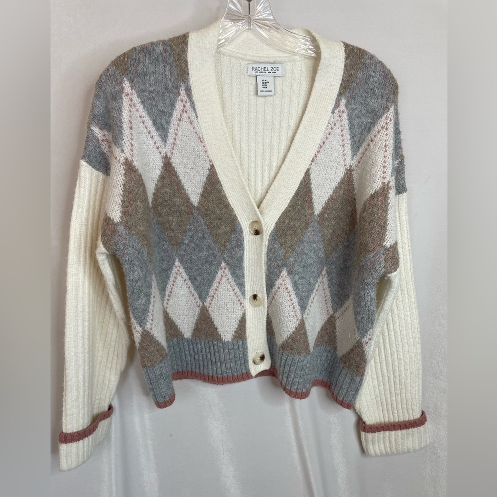 Rachel Zoe Argyle long sleeve cardigan button up v neck size Medium